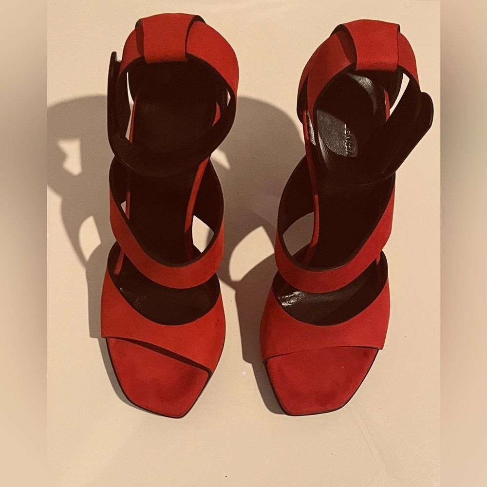 2 Item Bundle - Balenciaga Heels - Sz 7 - Red Suede Open Toe - Gucci Sunglasses